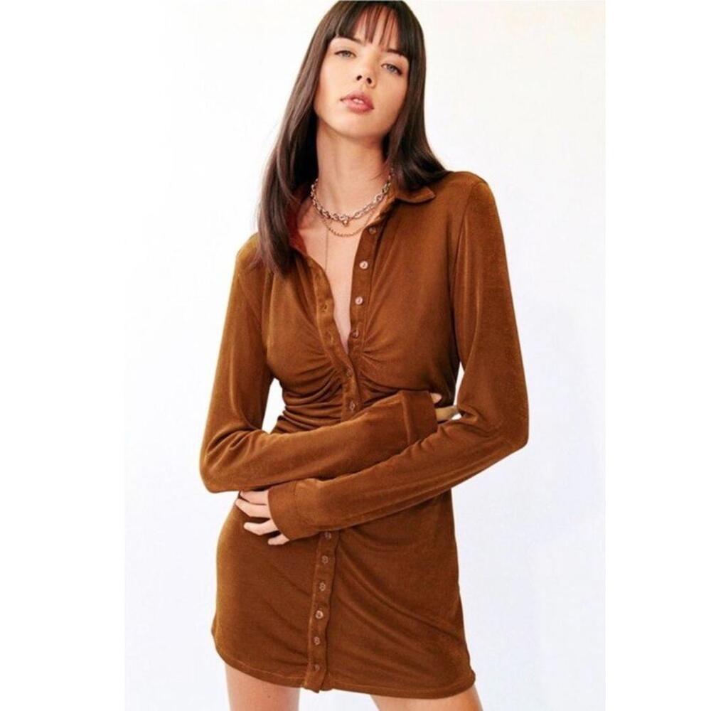 With Jean Andy Brown Long Sleeve Mini Shirt Dress XS